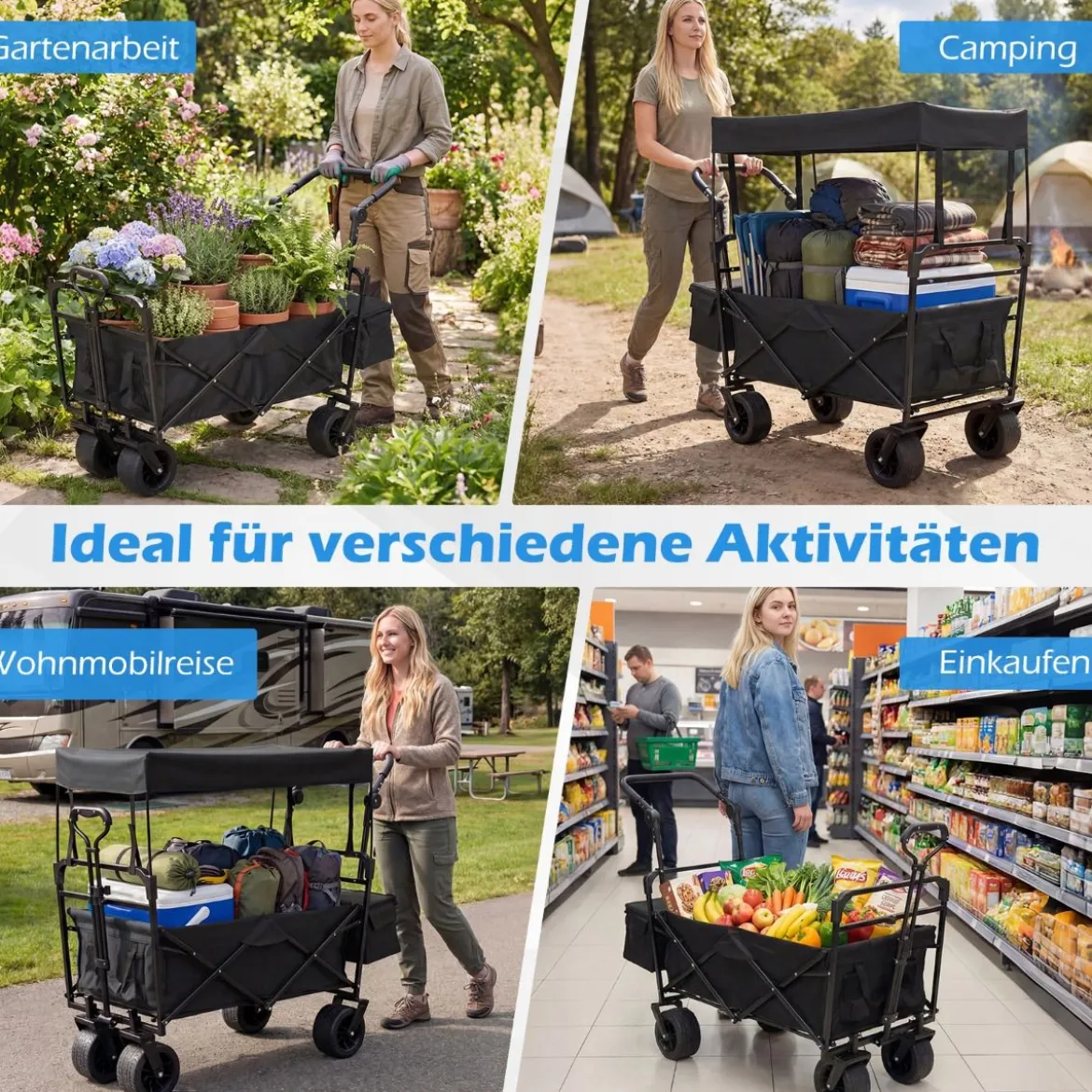 Faltbarer Bollerwagen mit abnehmbarer Dach Transportwagen mit verstellbaren Griffen Schwarz