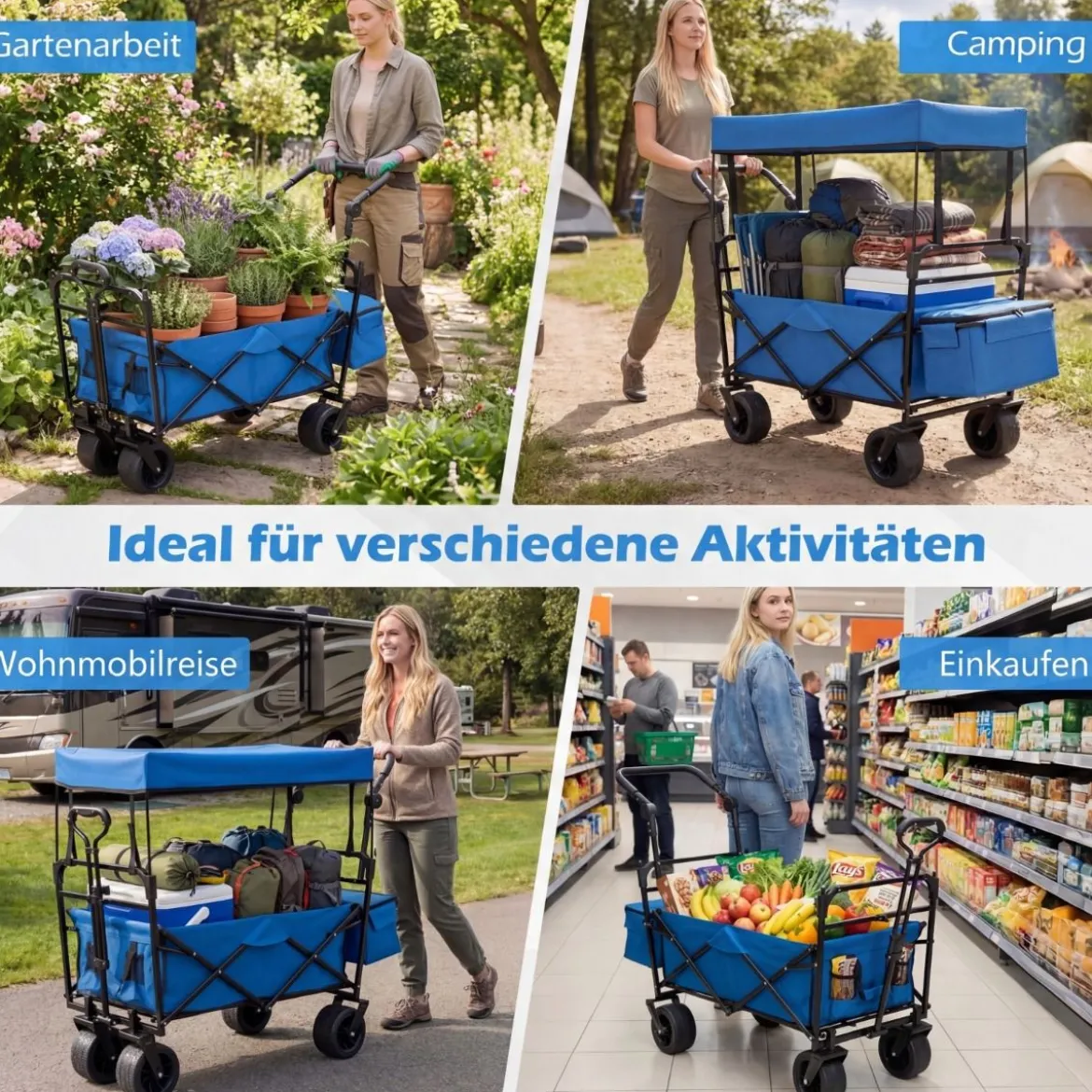 Faltbarer Bollerwagen mit abnehmbarer Dach Transportwagen mit verstellbaren Griffen Blau