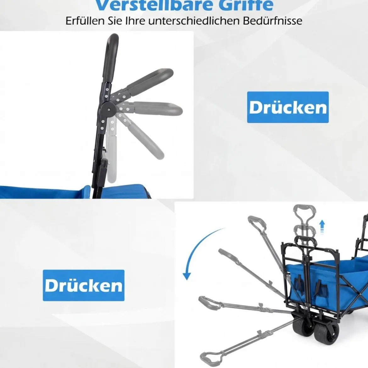 Faltbarer Bollerwagen mit abnehmbarer Dach Transportwagen mit verstellbaren Griffen Blau