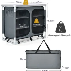 Faltbarer Campingschrank mit 3-stöckigen Regalen & Tragetasche Camping Faltschrank Grau