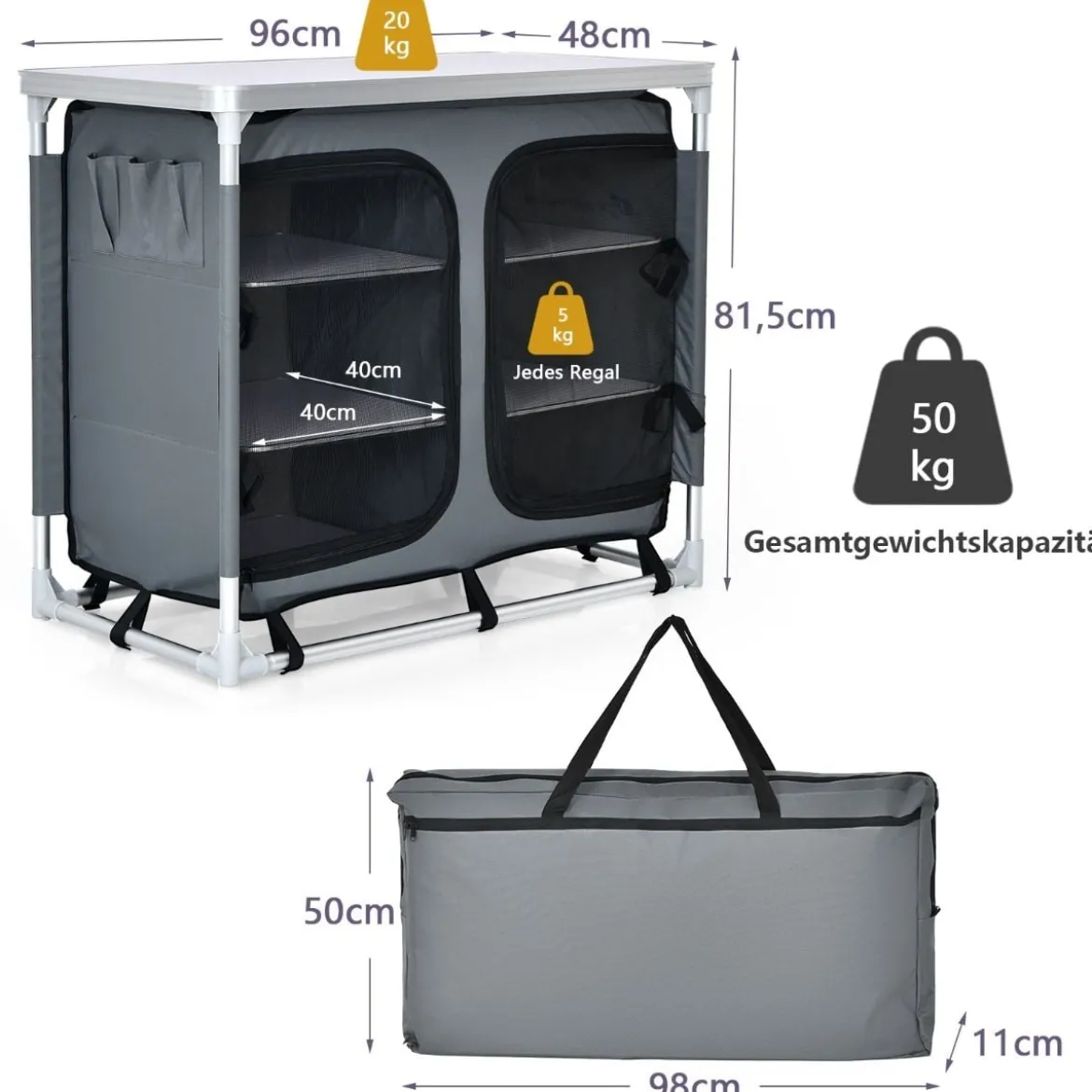 Faltbarer Campingschrank mit 3-stöckigen Regalen & Tragetasche Camping Faltschrank Grau