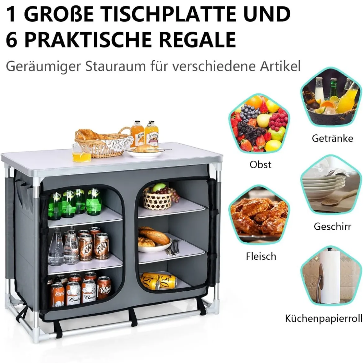 Faltbarer Campingschrank mit 3-stöckigen Regalen & Tragetasche Camping Faltschrank Grau