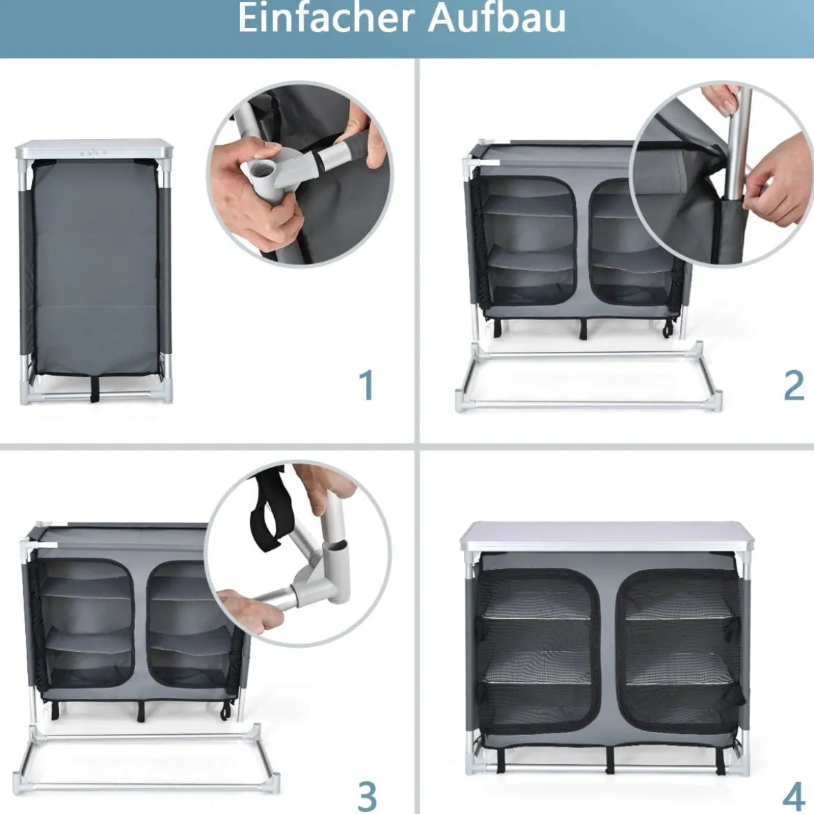 Faltbarer Campingschrank mit 3-stöckigen Regalen & Tragetasche Camping Faltschrank Grau