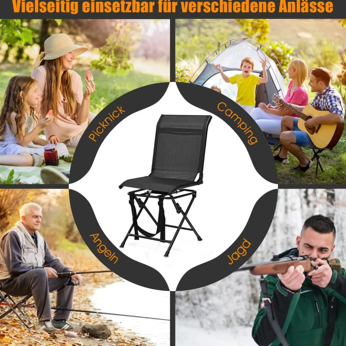 Faltbarer Campingstuhl 360° Drehbar & Wetterfest mit Metallrahmen Jagdstuhl Faltstuhl Schwarz