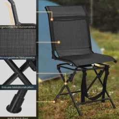 Faltbarer Campingstuhl 360° Drehbar & Wetterfest mit Metallrahmen Jagdstuhl Faltstuhl Schwarz