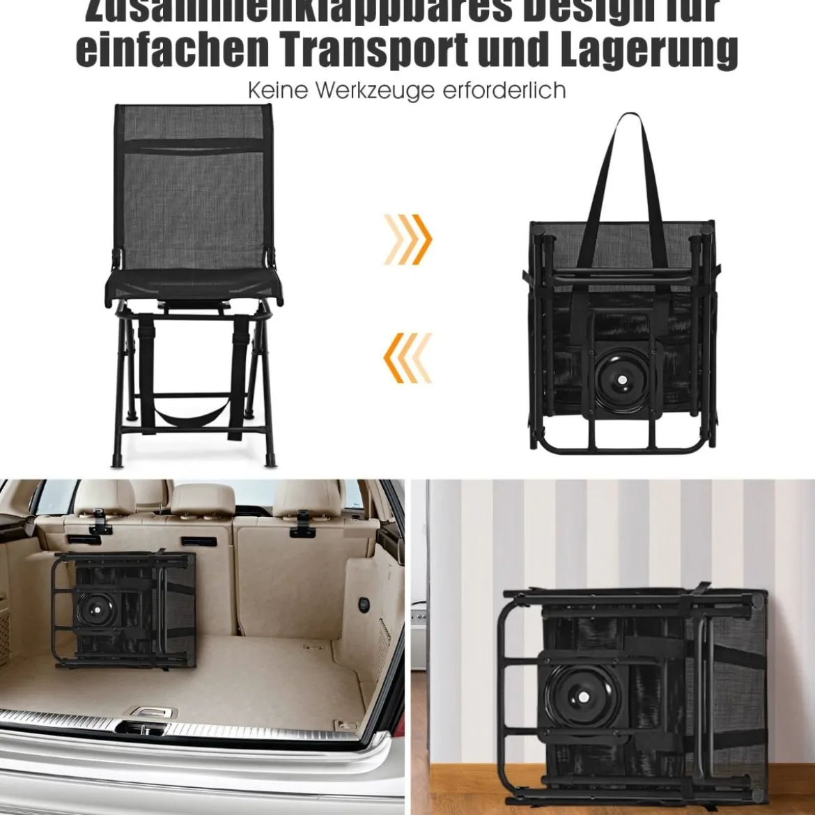 Faltbarer Campingstuhl 360° Drehbar & Wetterfest mit Metallrahmen Jagdstuhl Faltstuhl Schwarz