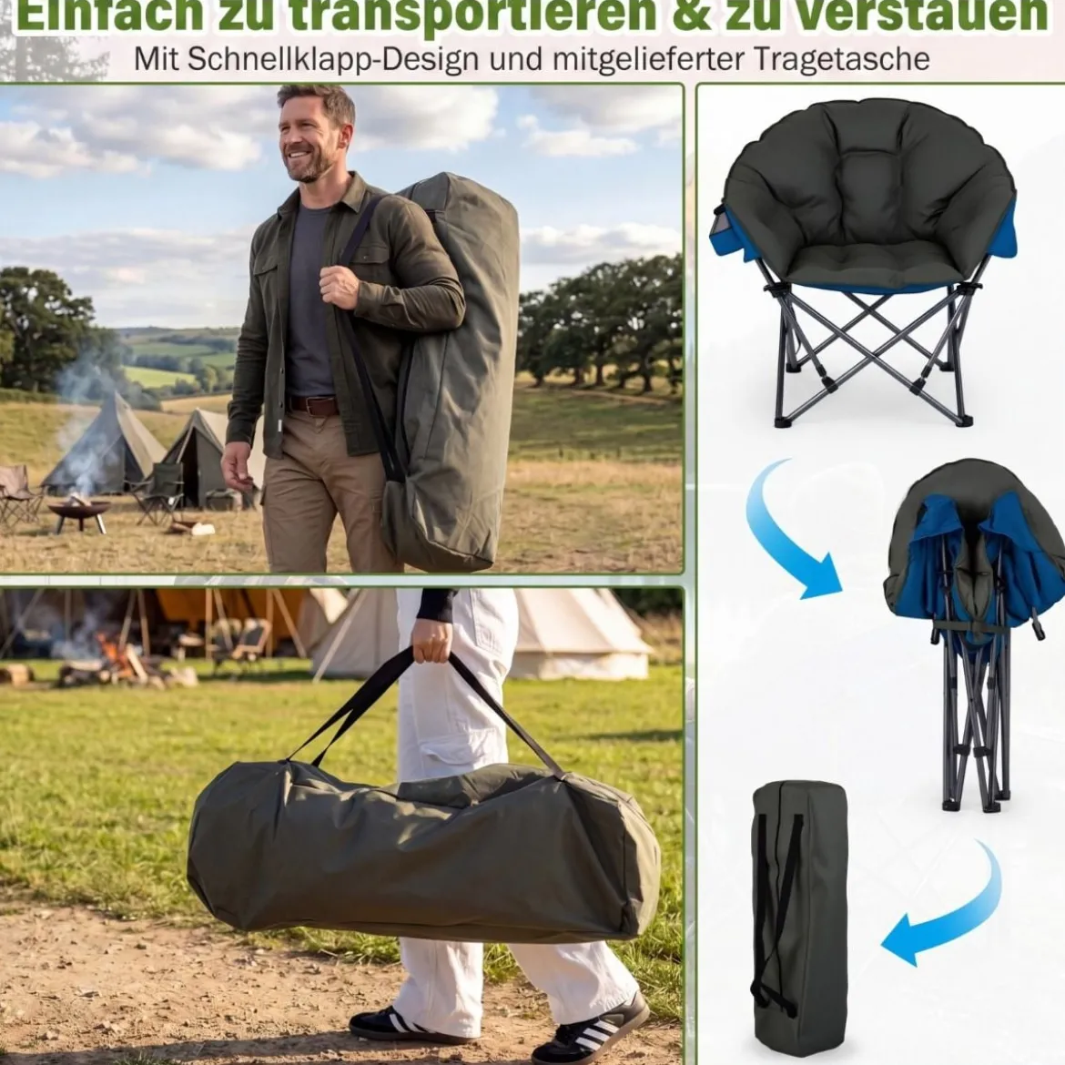 Faltbarer Campingstuhl 227KG Belastbar Gepolsterter Klappstuhl Übergroßer Angelstuhl Grün