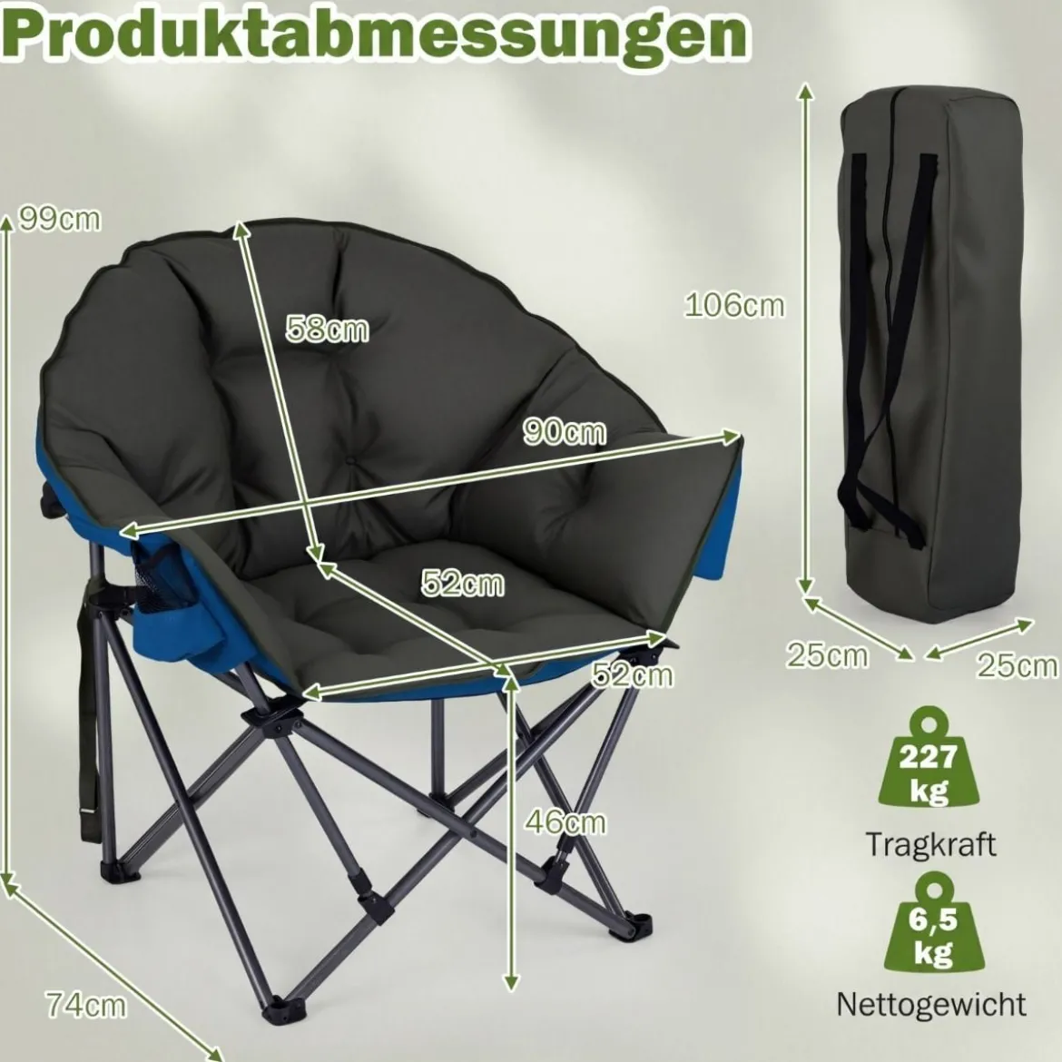 Faltbarer Campingstuhl 227KG Belastbar Gepolsterter Klappstuhl Übergroßer Angelstuhl Grün