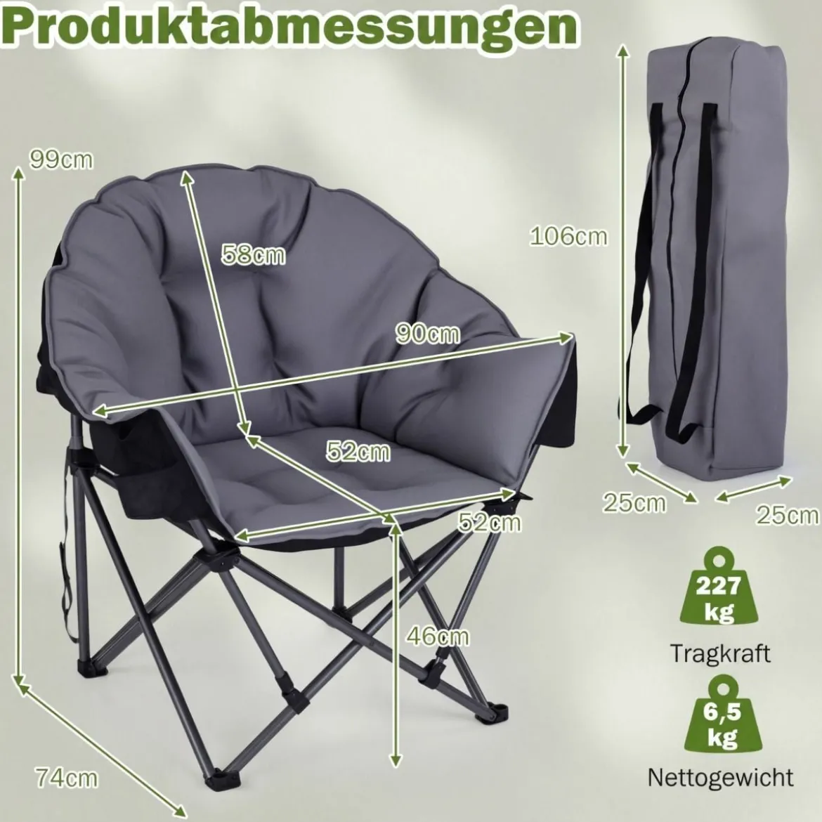 Faltbarer Campingstuhl 227KG Belastbar Gepolsterter Klappstuhl Übergroßer Angelstuhl Grau