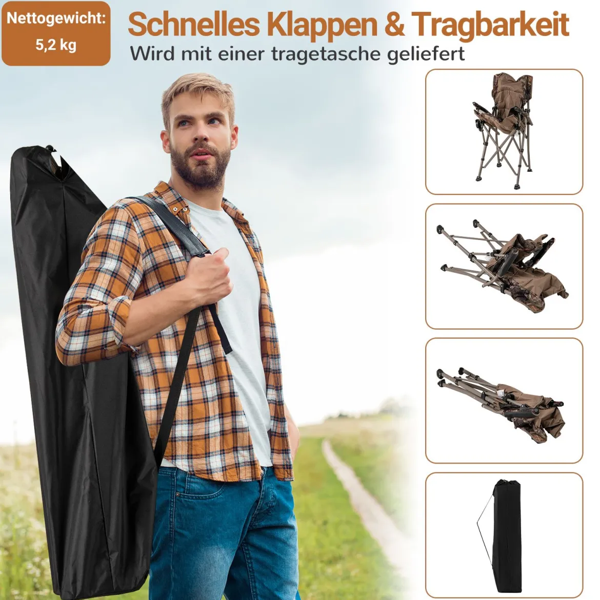 Faltbarer Campingstuhl Klappstuhl mit Getränkehalter & Seitentasche Klappbarer Angelstuhl