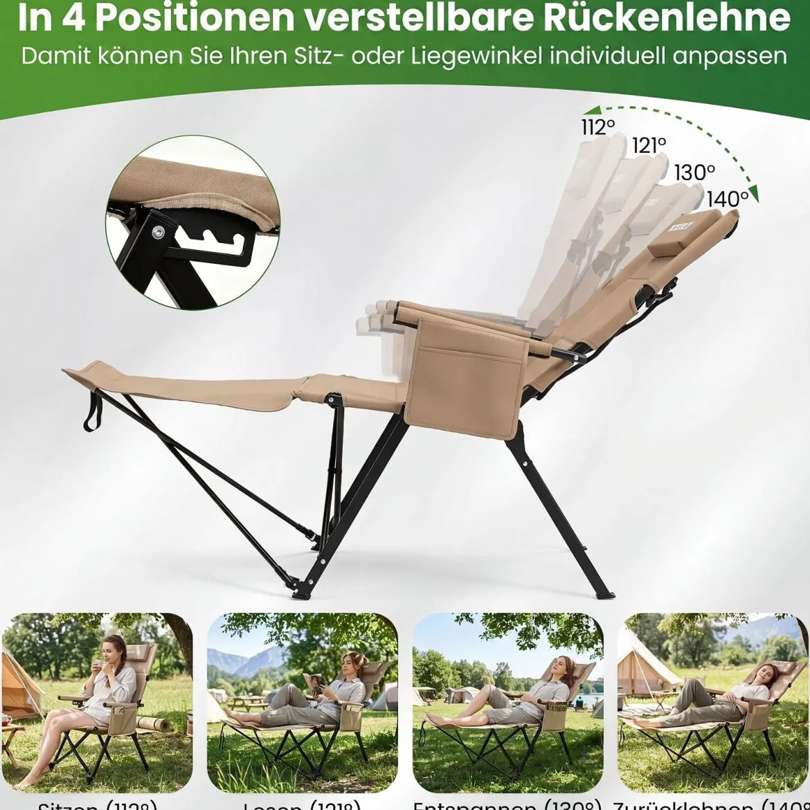 Faltbarer Campingstuhl mit Fußstütze Liegestuhl 4-fach Verstellbarer Rückenlehne bis 150 kg Belastbar Khaki