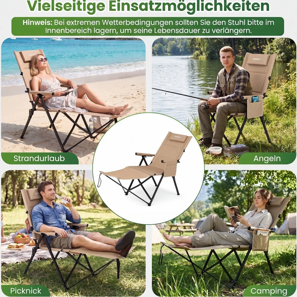 Faltbarer Campingstuhl mit Fußstütze Liegestuhl 4-fach Verstellbarer Rückenlehne bis 150 kg Belastbar Khaki