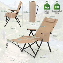 Faltbarer Campingstuhl mit Fußstütze Liegestuhl 4-fach Verstellbarer Rückenlehne bis 150 kg Belastbar Khaki