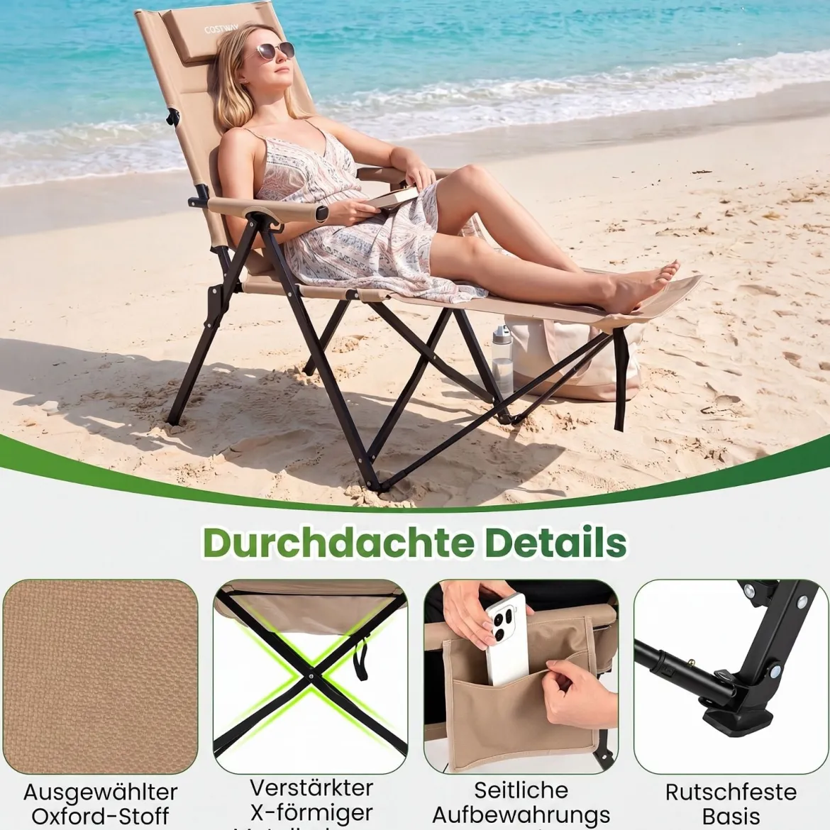 Faltbarer Campingstuhl mit Fußstütze Liegestuhl 4-fach Verstellbarer Rückenlehne bis 150 kg Belastbar Khaki