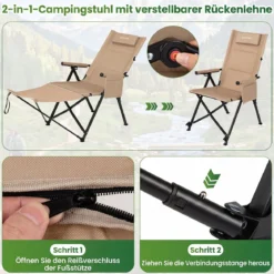 Faltbarer Campingstuhl mit Fußstütze Liegestuhl 4-fach Verstellbarer Rückenlehne bis 150 kg Belastbar Khaki