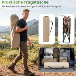 Faltbarer Campingstuhl mit Fußstütze Liegestuhl 4-fach Verstellbarer Rückenlehne bis 150 kg Belastbar Khaki