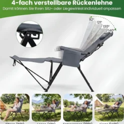 Faltbarer Campingstuhl mit Fußstütze Liegestuhl 4-fach Verstellbarer Rückenlehne bis 150 kg Belastbar Grau