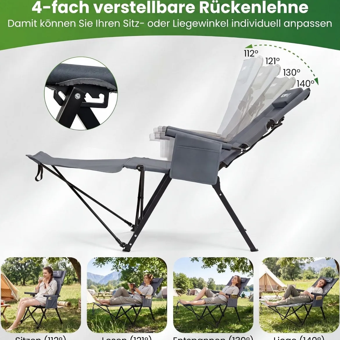 Faltbarer Campingstuhl mit Fußstütze Liegestuhl 4-fach Verstellbarer Rückenlehne bis 150 kg Belastbar Grau