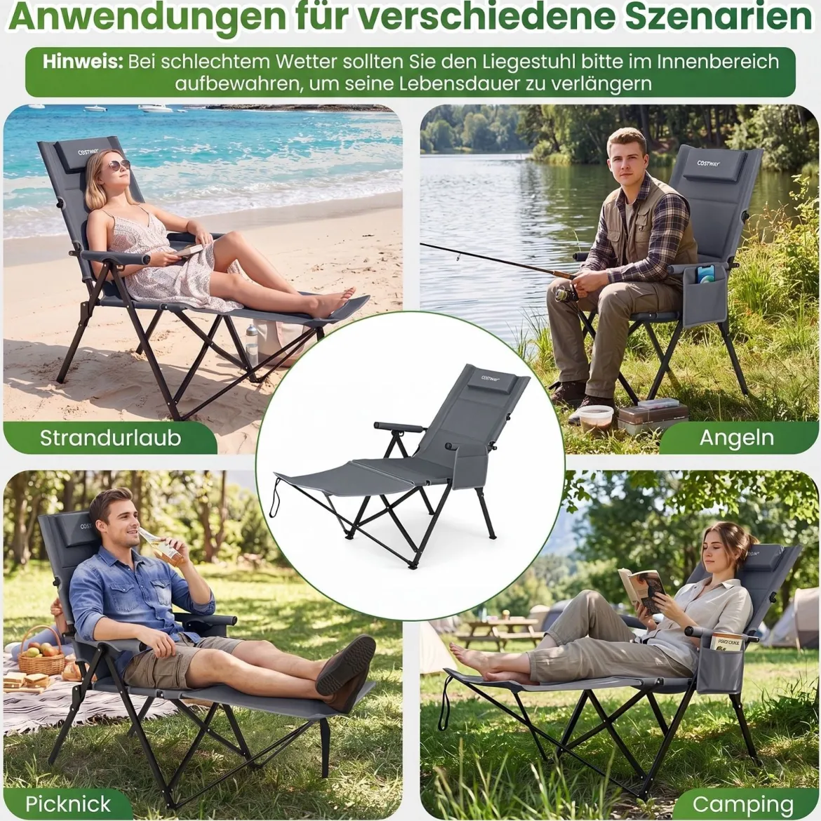 Faltbarer Campingstuhl mit Fußstütze Liegestuhl 4-fach Verstellbarer Rückenlehne bis 150 kg Belastbar Grau
