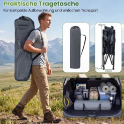 Faltbarer Campingstuhl mit Fußstütze Liegestuhl 4-fach Verstellbarer Rückenlehne bis 150 kg Belastbar Grau