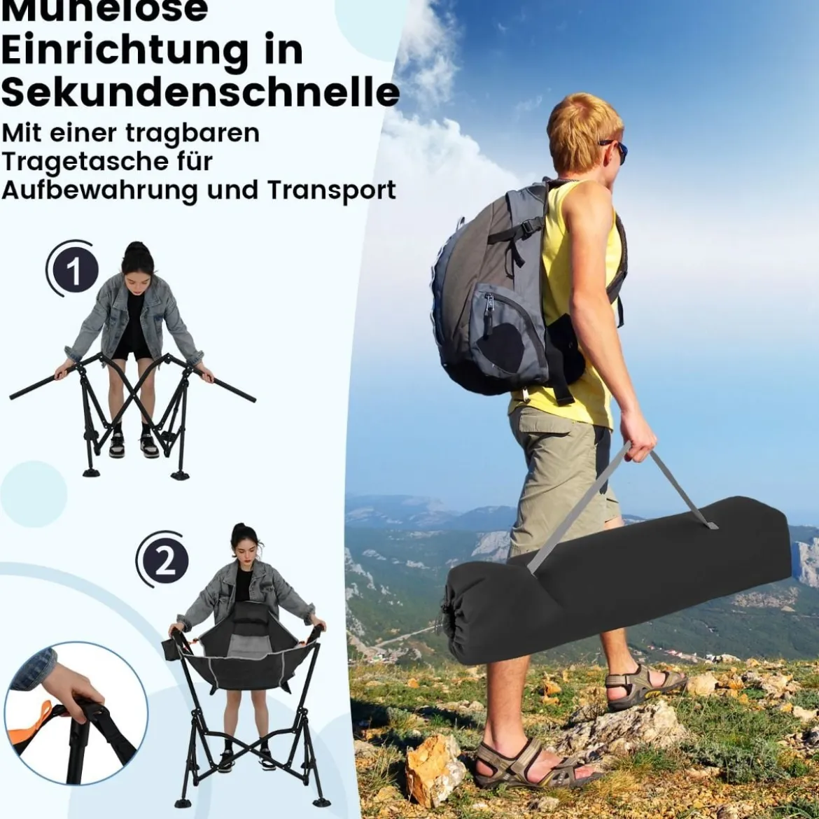Faltbarer Campingstuhl mit Verstellbarer Rückenlehne & Getränkehalter Klappstuhl Faltstuhl Schwarz