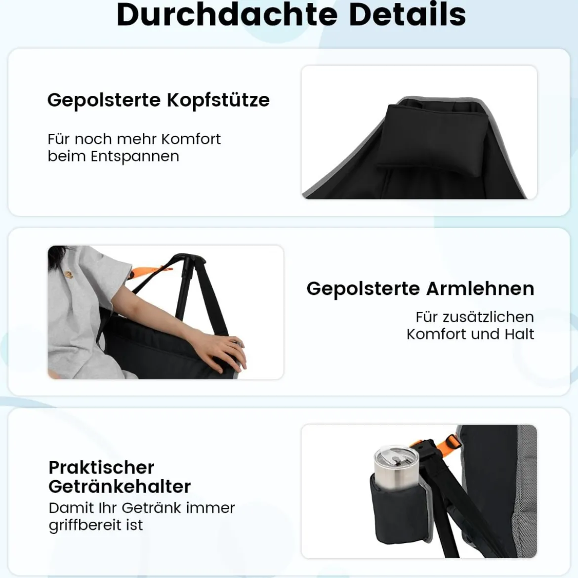Faltbarer Campingstuhl mit Verstellbarer Rückenlehne & Getränkehalter Klappstuhl Faltstuhl Schwarz