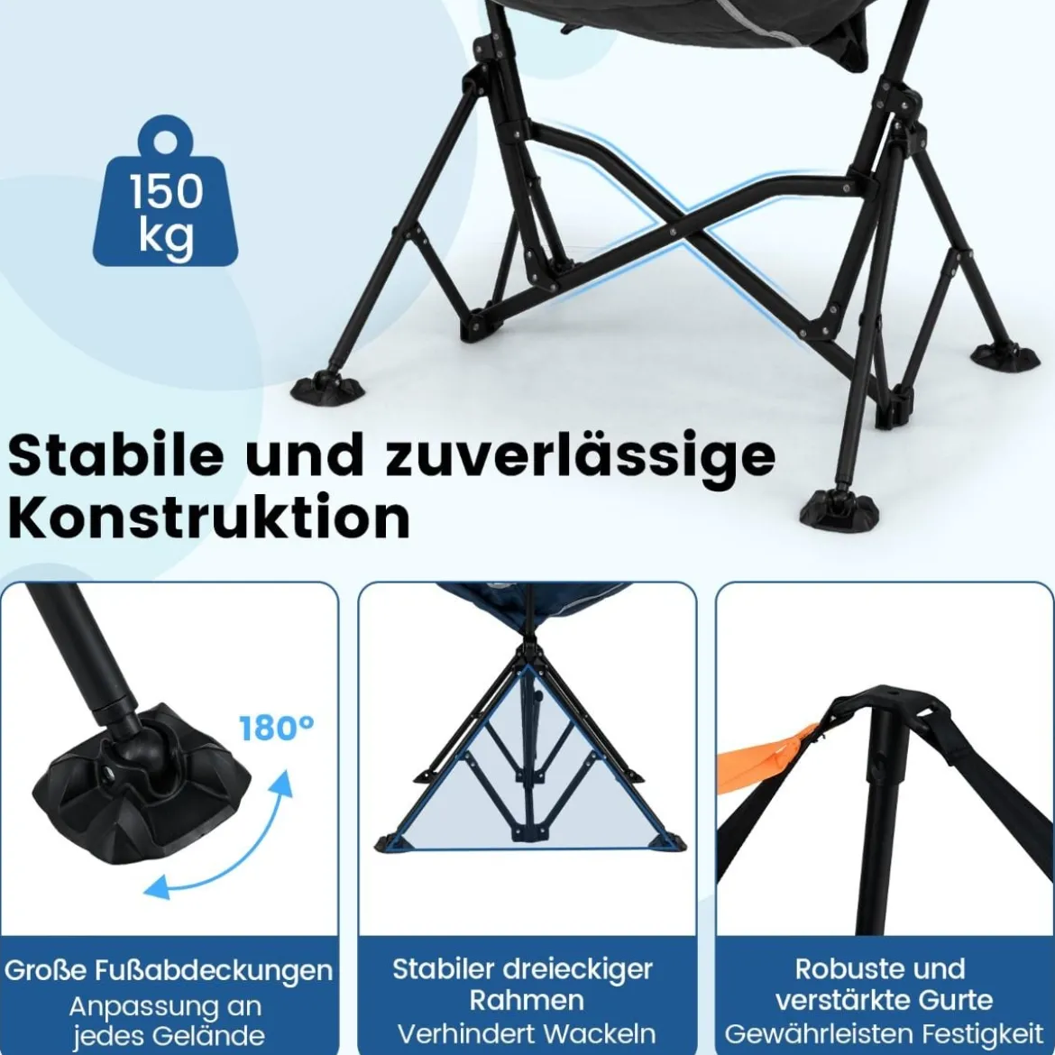 Faltbarer Campingstuhl mit Verstellbarer Rückenlehne & Getränkehalter Klappstuhl Faltstuhl Schwarz