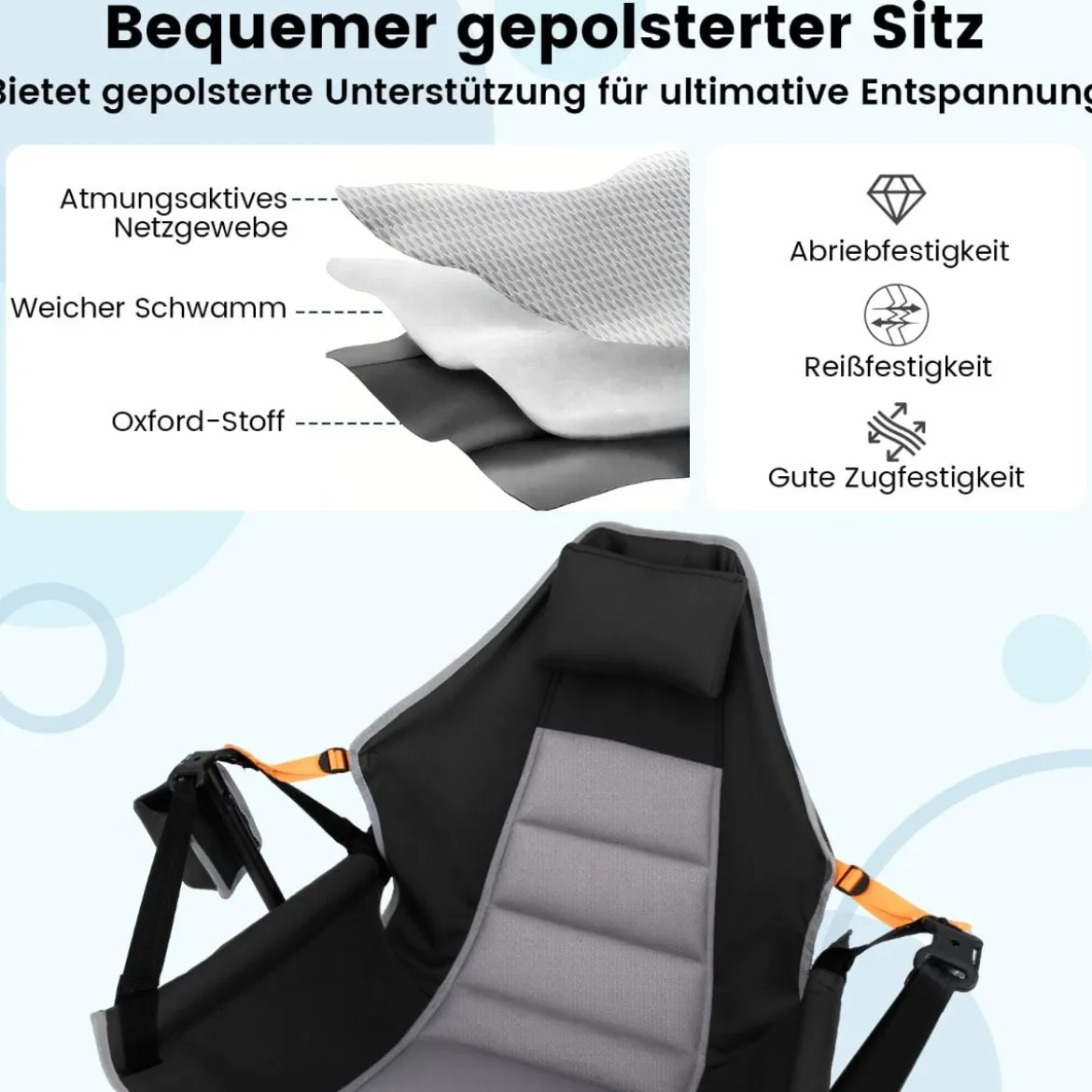 Faltbarer Campingstuhl mit Verstellbarer Rückenlehne & Getränkehalter Klappstuhl Faltstuhl Schwarz