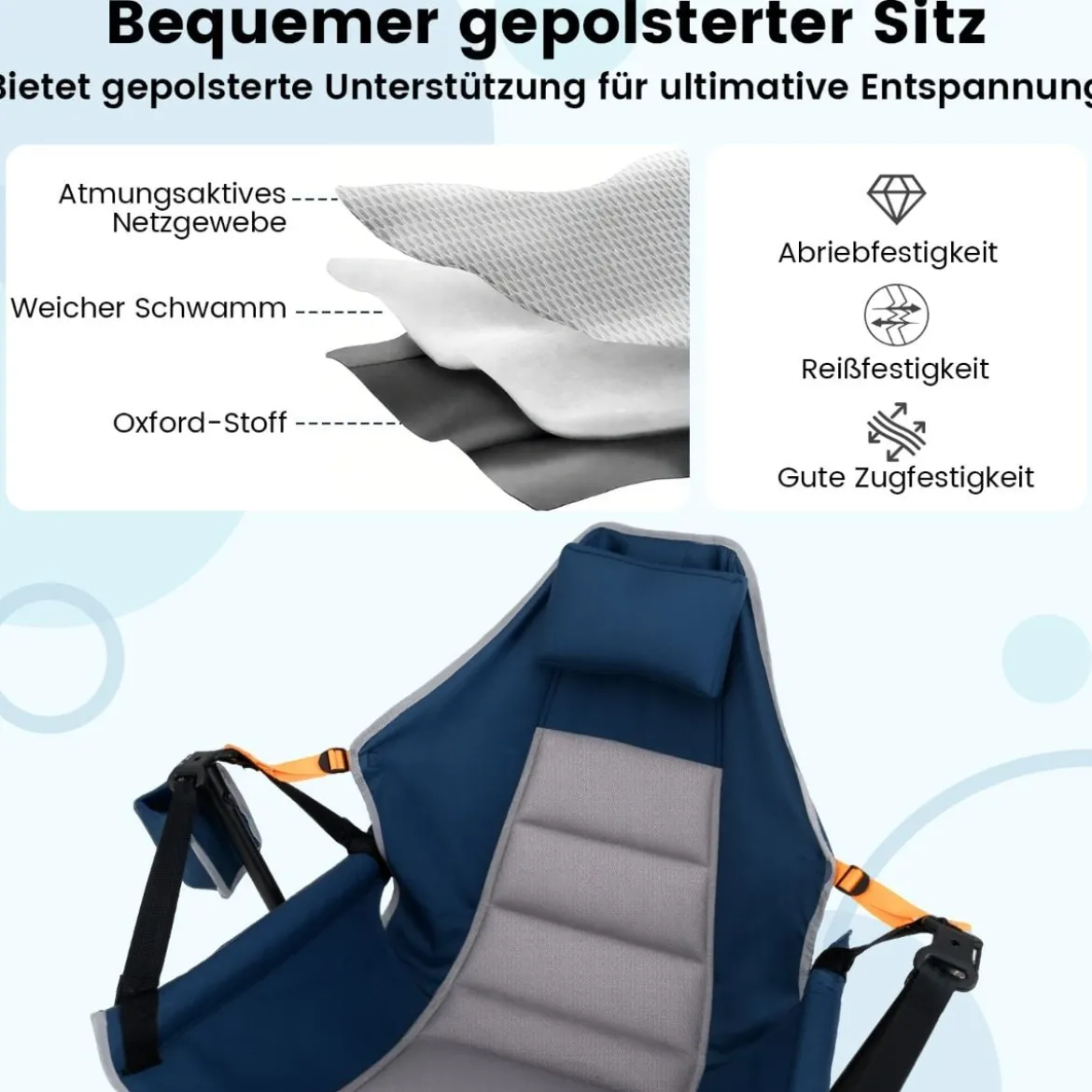 Faltbarer Campingstuhl mit Verstellbarer Rückenlehne & Getränkehalter Klappstuhl Faltstuhl Blau