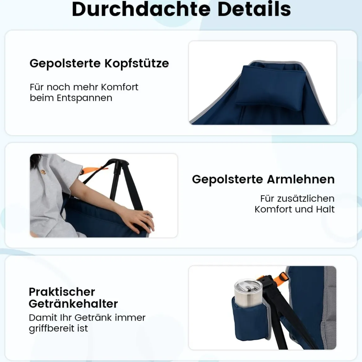Faltbarer Campingstuhl mit Verstellbarer Rückenlehne & Getränkehalter Klappstuhl Faltstuhl Blau