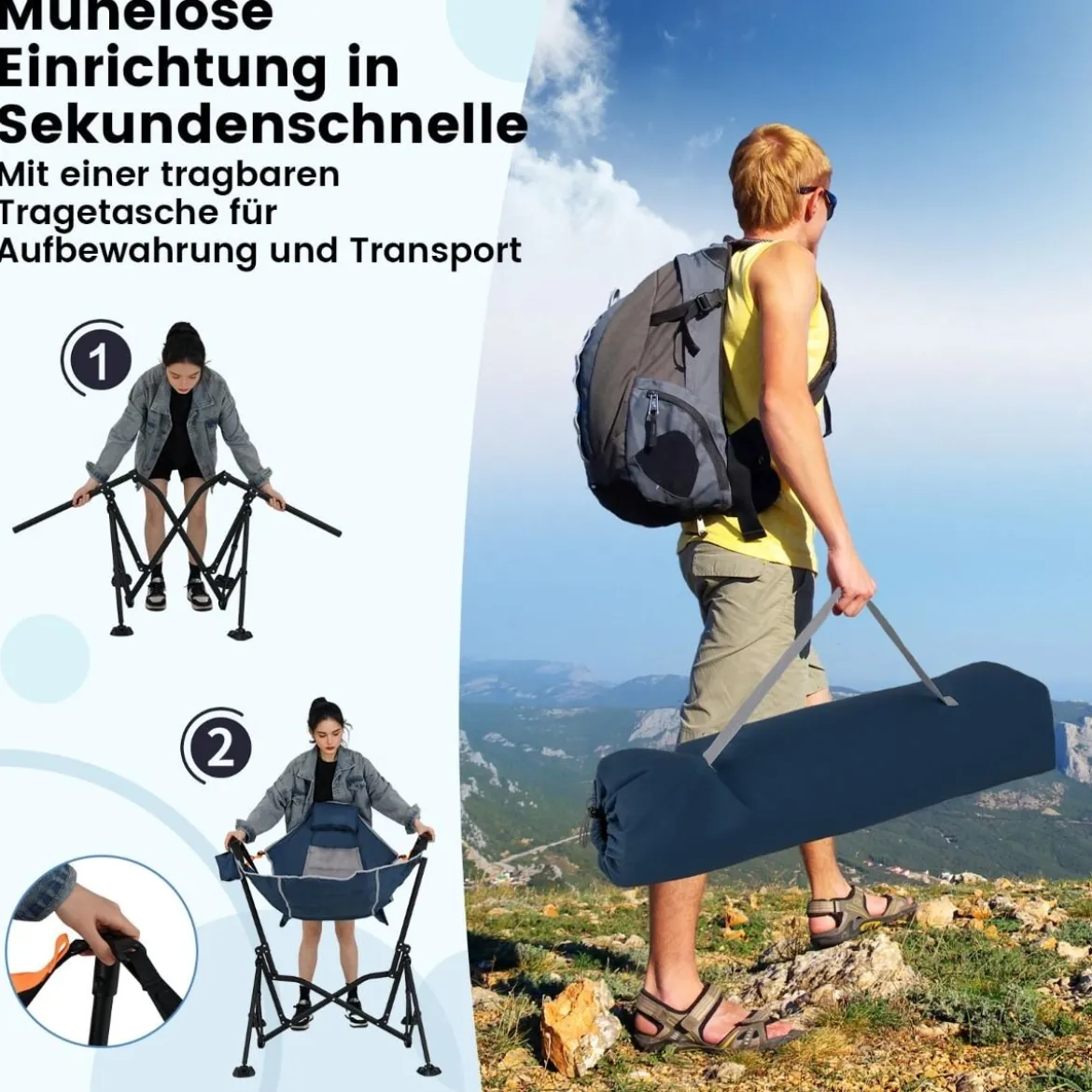 Faltbarer Campingstuhl mit Verstellbarer Rückenlehne & Getränkehalter Klappstuhl Faltstuhl Blau