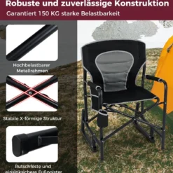 Faltbarer Campingstuhl mit Wippfunktion & Getränkehalter & Seitentasche Angelstuhl