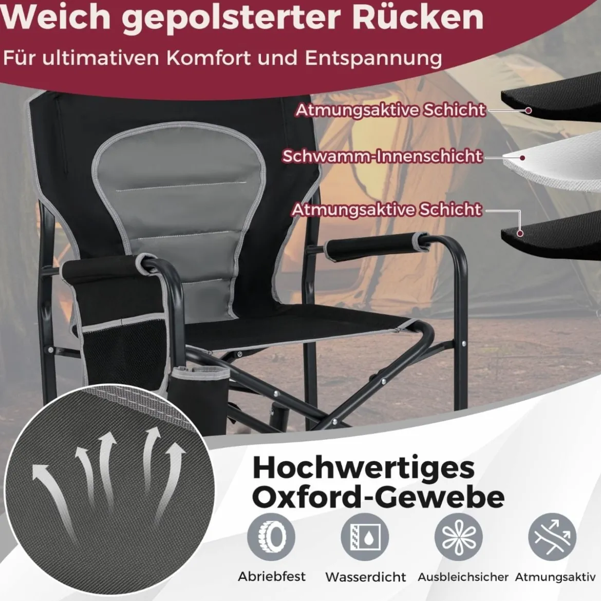 Faltbarer Campingstuhl mit Wippfunktion & Getränkehalter & Seitentasche Angelstuhl