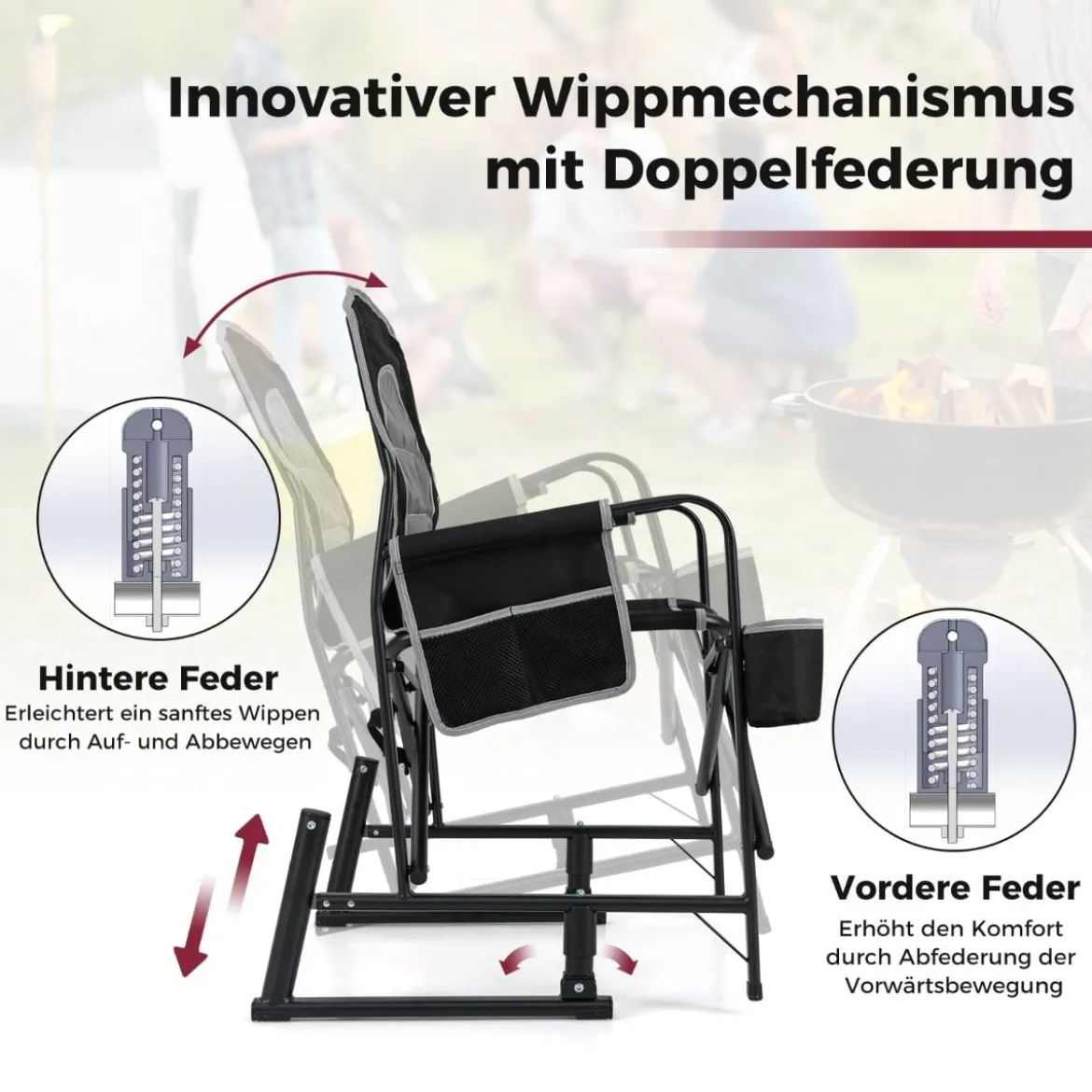 Faltbarer Campingstuhl mit Wippfunktion & Getränkehalter & Seitentasche Angelstuhl