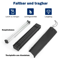 Faltbarer Camping-Tisch aus AluminiumLeichter und zusammenklappbarer Aluminium-Tisch 56 x 41 x 41 cm Schwarz