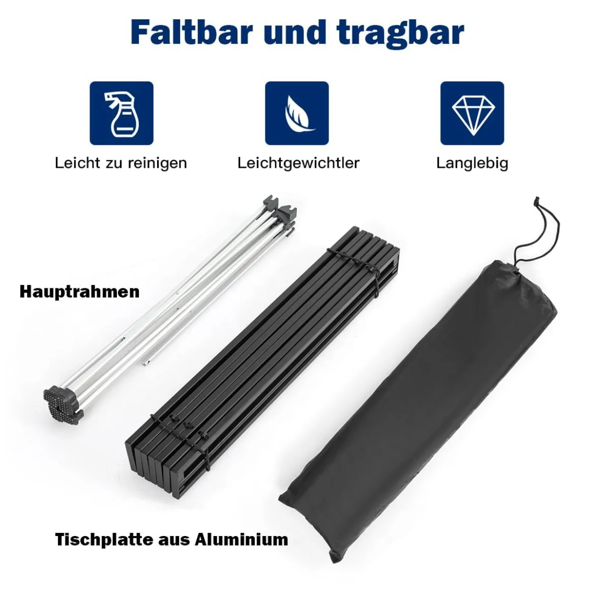 Faltbarer Camping-Tisch aus AluminiumLeichter und zusammenklappbarer Aluminium-Tisch 56 x 41 x 41 cm Schwarz