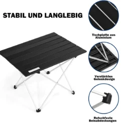 Faltbarer Camping-Tisch aus AluminiumLeichter und zusammenklappbarer Aluminium-Tisch 56 x 41 x 41 cm Schwarz