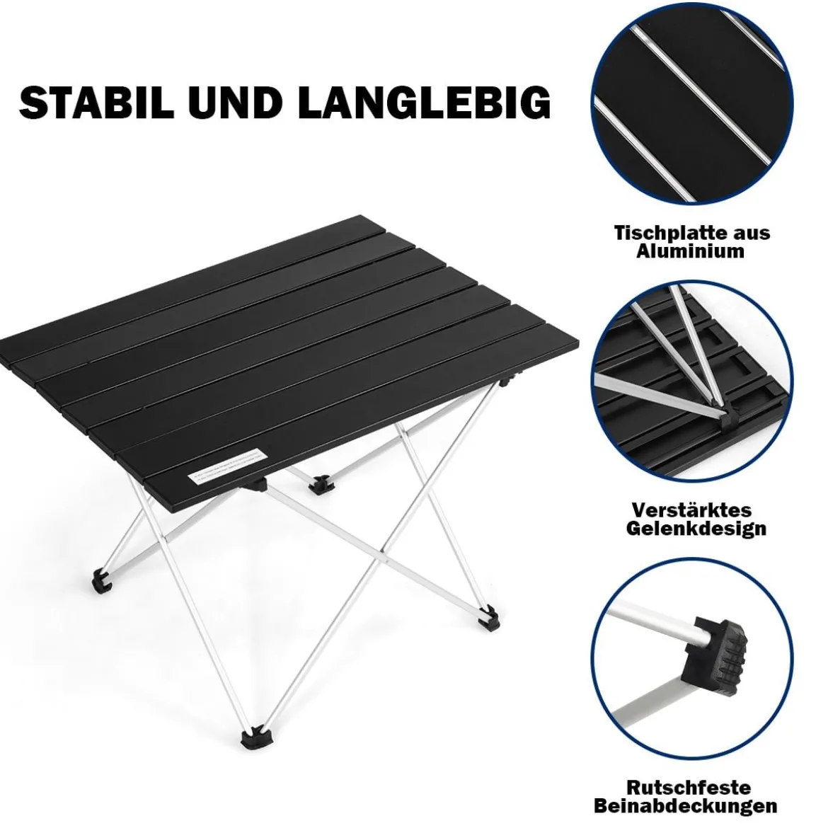 Faltbarer Camping-Tisch aus AluminiumLeichter und zusammenklappbarer Aluminium-Tisch 56 x 41 x 41 cm Schwarz