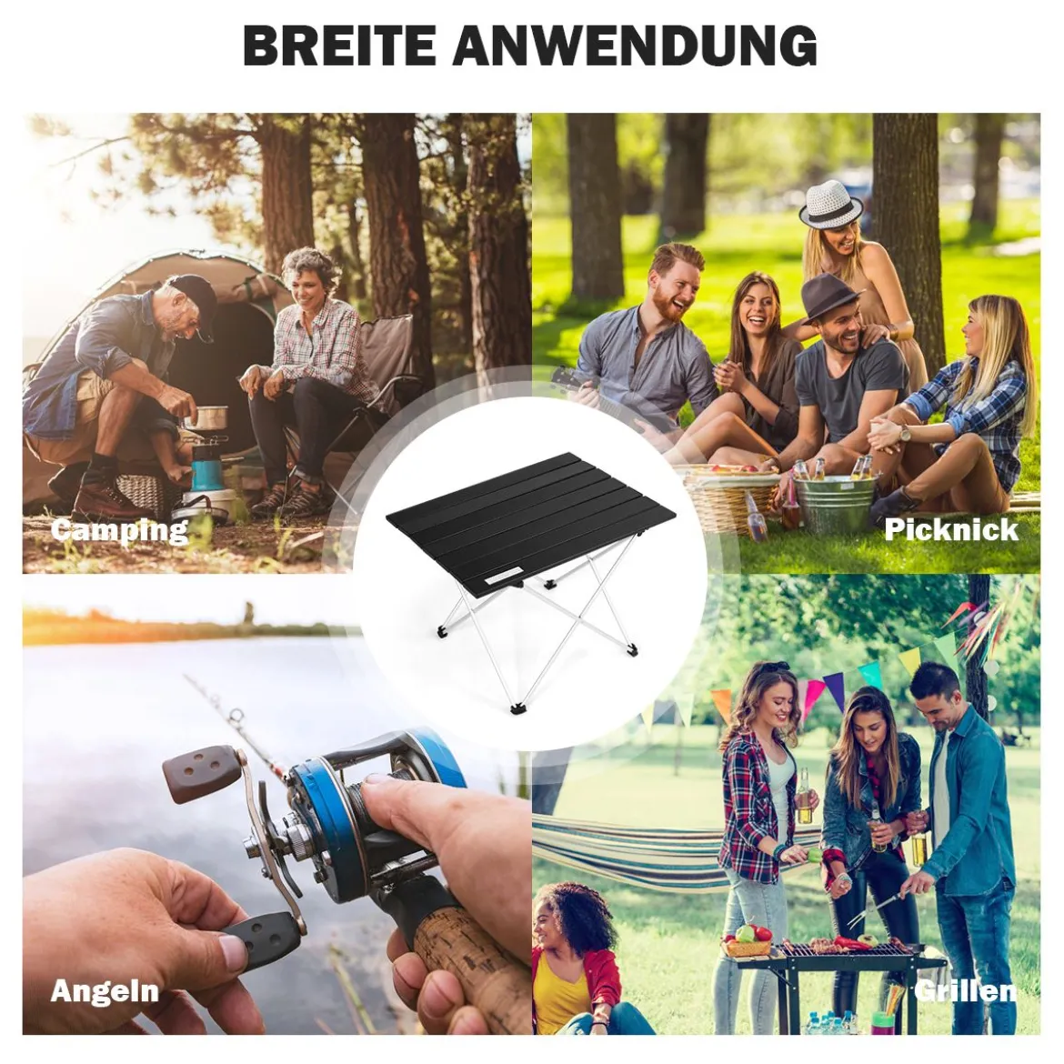 Faltbarer Camping-Tisch aus AluminiumLeichter und zusammenklappbarer Aluminium-Tisch 56 x 41 x 41 cm Schwarz