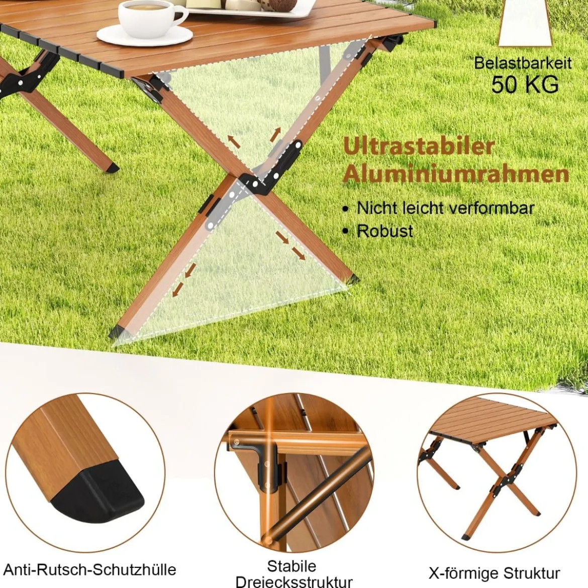 Faltbarer Campingtisch aus Aluminium Picknicktisch mit Holzoptik Natur 89x59x45cm