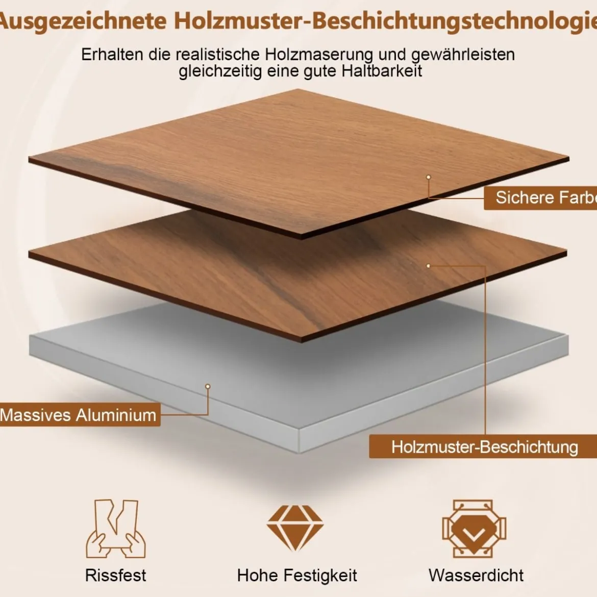 Faltbarer Campingtisch aus Aluminium Picknicktisch mit Holzoptik Natur 89x59x45cm