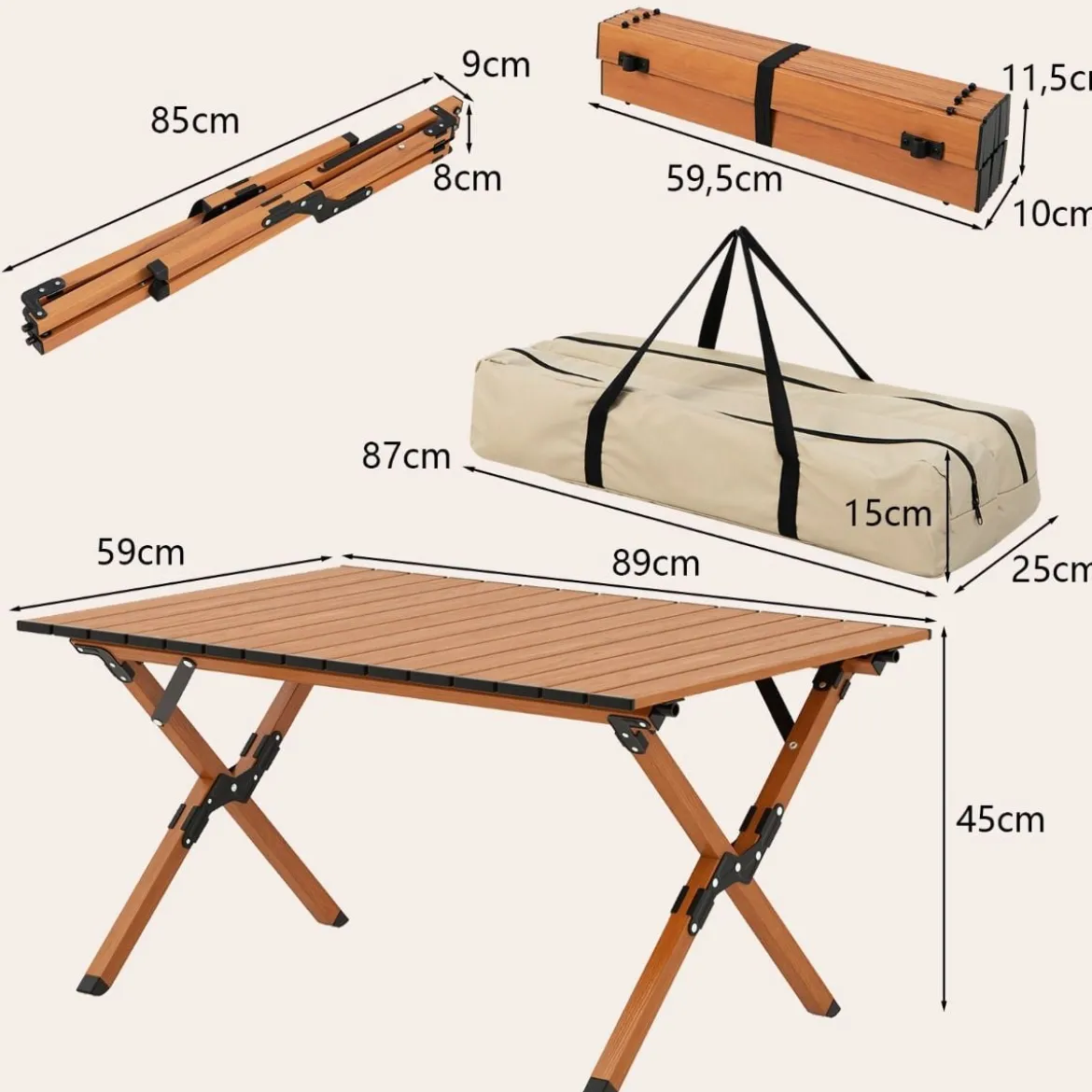 Faltbarer Campingtisch aus Aluminium Picknicktisch mit Holzoptik Natur 89x59x45cm