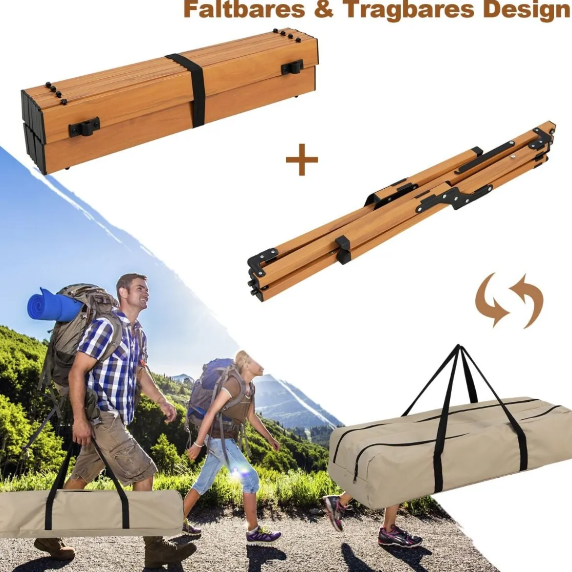 Faltbarer Campingtisch aus Aluminium Picknicktisch mit Holzoptik Natur 89x59x45cm
