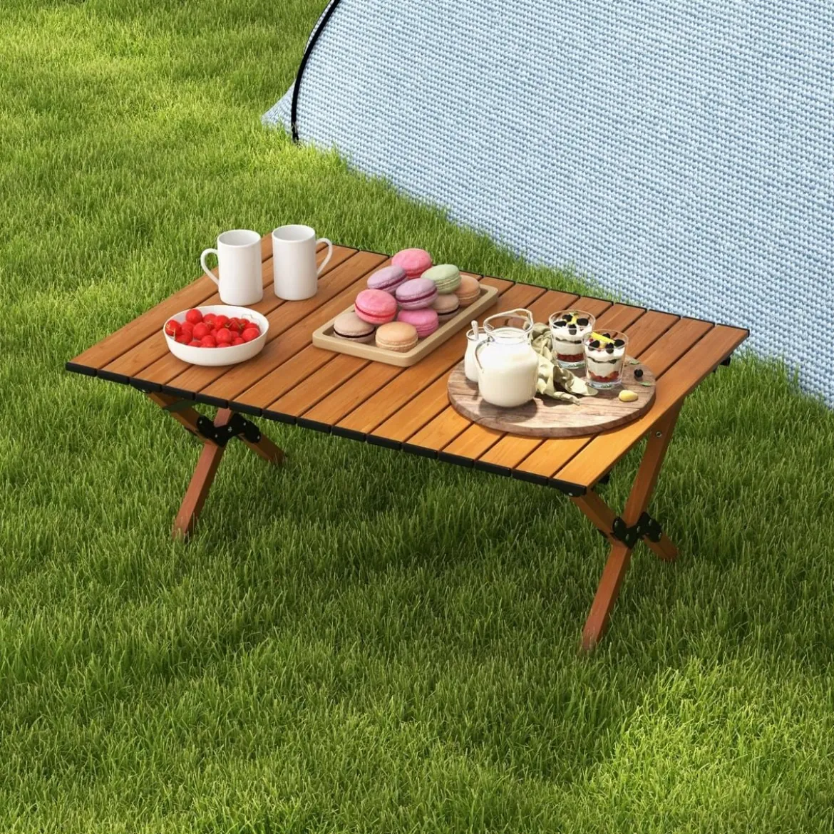 Faltbarer Campingtisch aus Aluminium Picknicktisch mit Holzoptik Natur 89x59x45cm