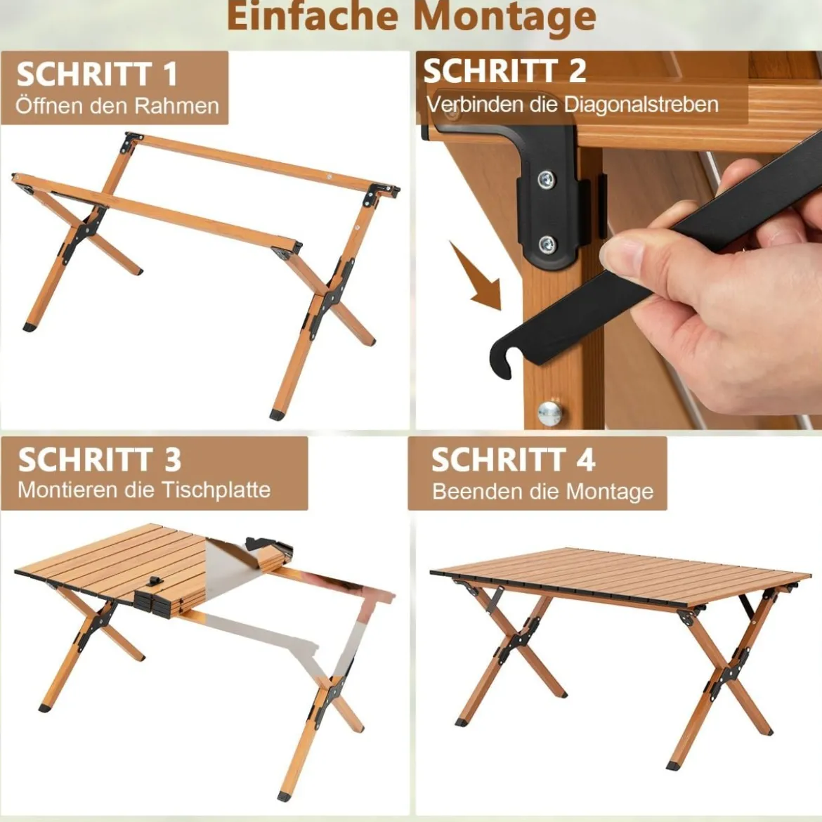 Faltbarer Campingtisch aus Aluminium Picknicktisch mit Holzoptik Natur 89x59x45cm