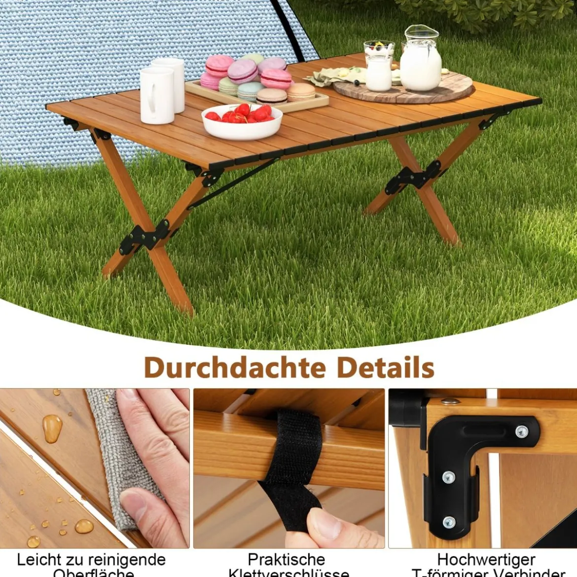 Faltbarer Campingtisch aus Aluminium Picknicktisch mit Holzoptik Natur 89x59x45cm