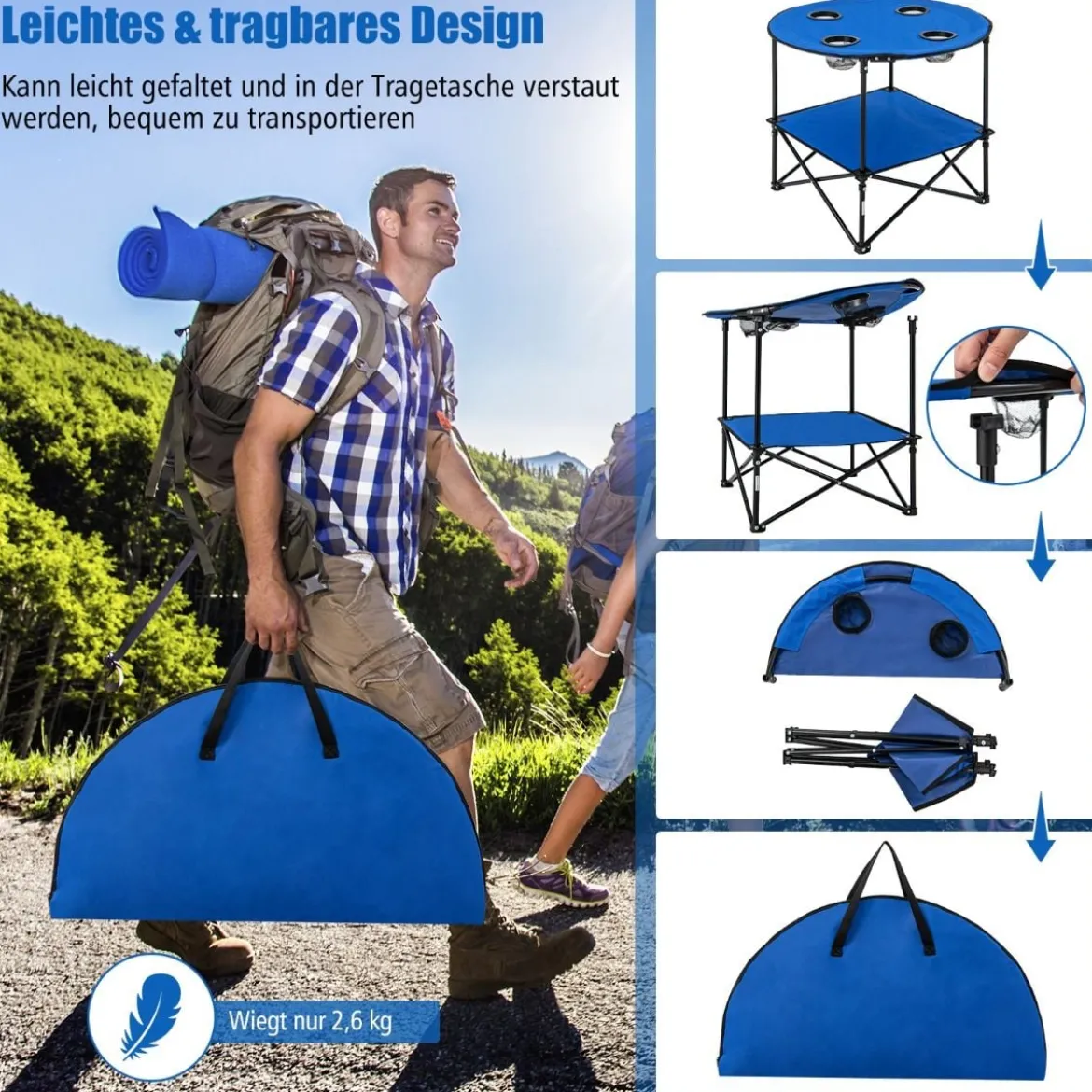 Faltbarer Campingtisch mit Getränkehaltern & Tragetasche 2-stöckiger Angeltisch Picknicktisch