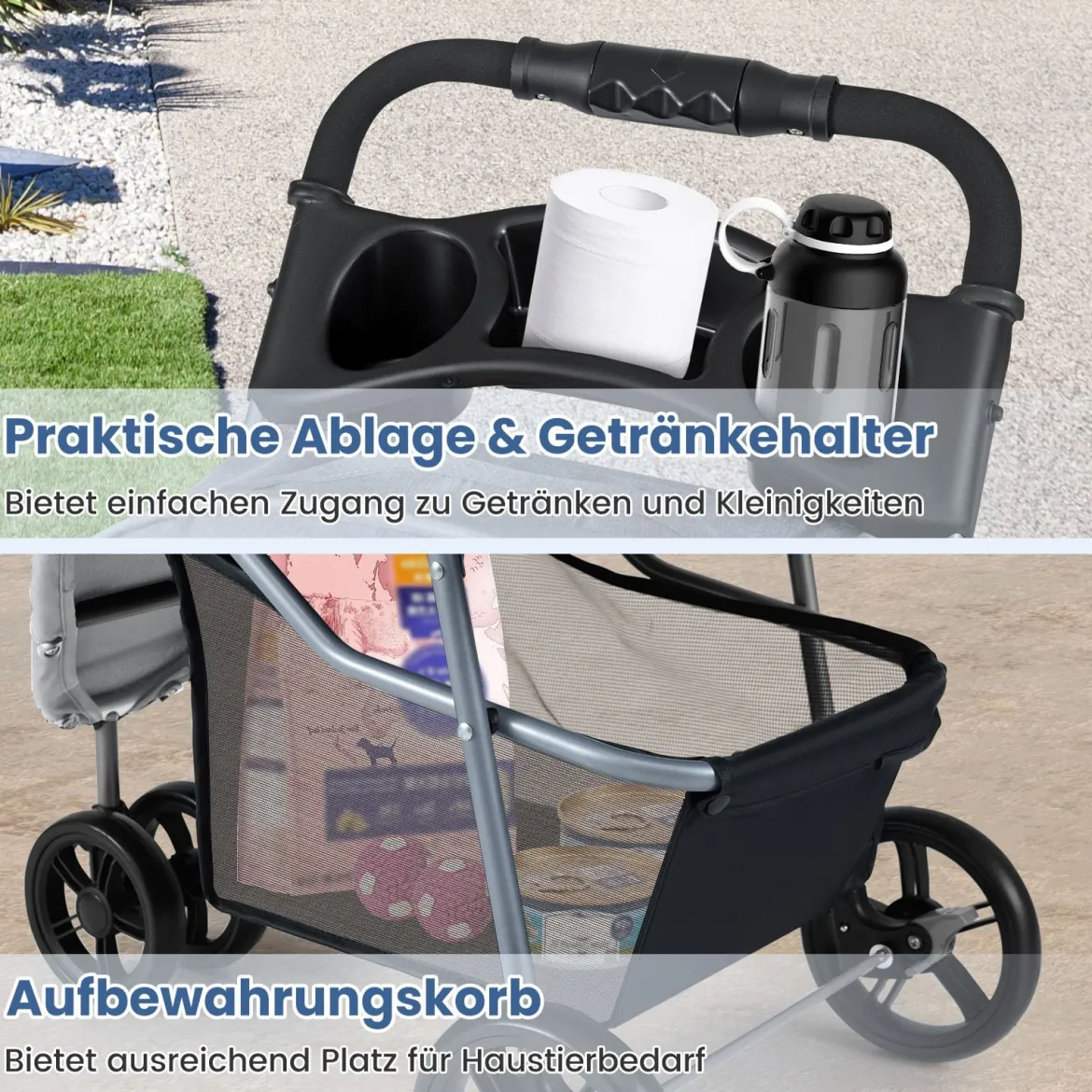 Faltbarer Haustierwagen leichter Katzen-Spazierwagen mit verstellbarem Sonnendach Grau
