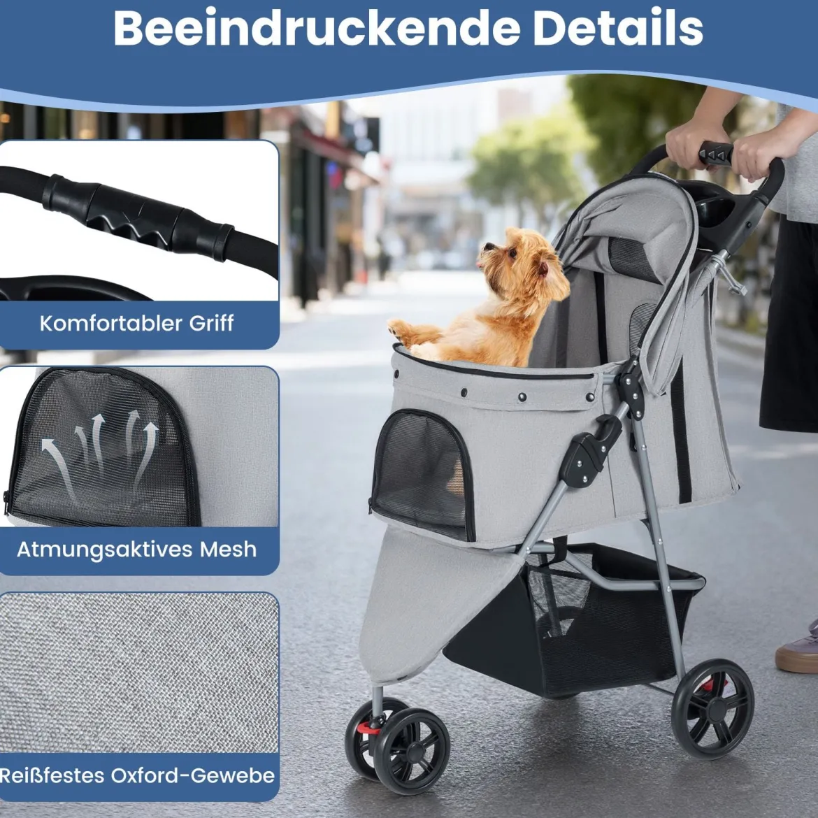 Faltbarer Haustierwagen leichter Katzen-Spazierwagen mit verstellbarem Sonnendach Grau