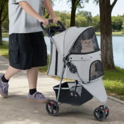 Faltbarer Haustierwagen leichter Katzen-Spazierwagen mit verstellbarem Sonnendach Grau